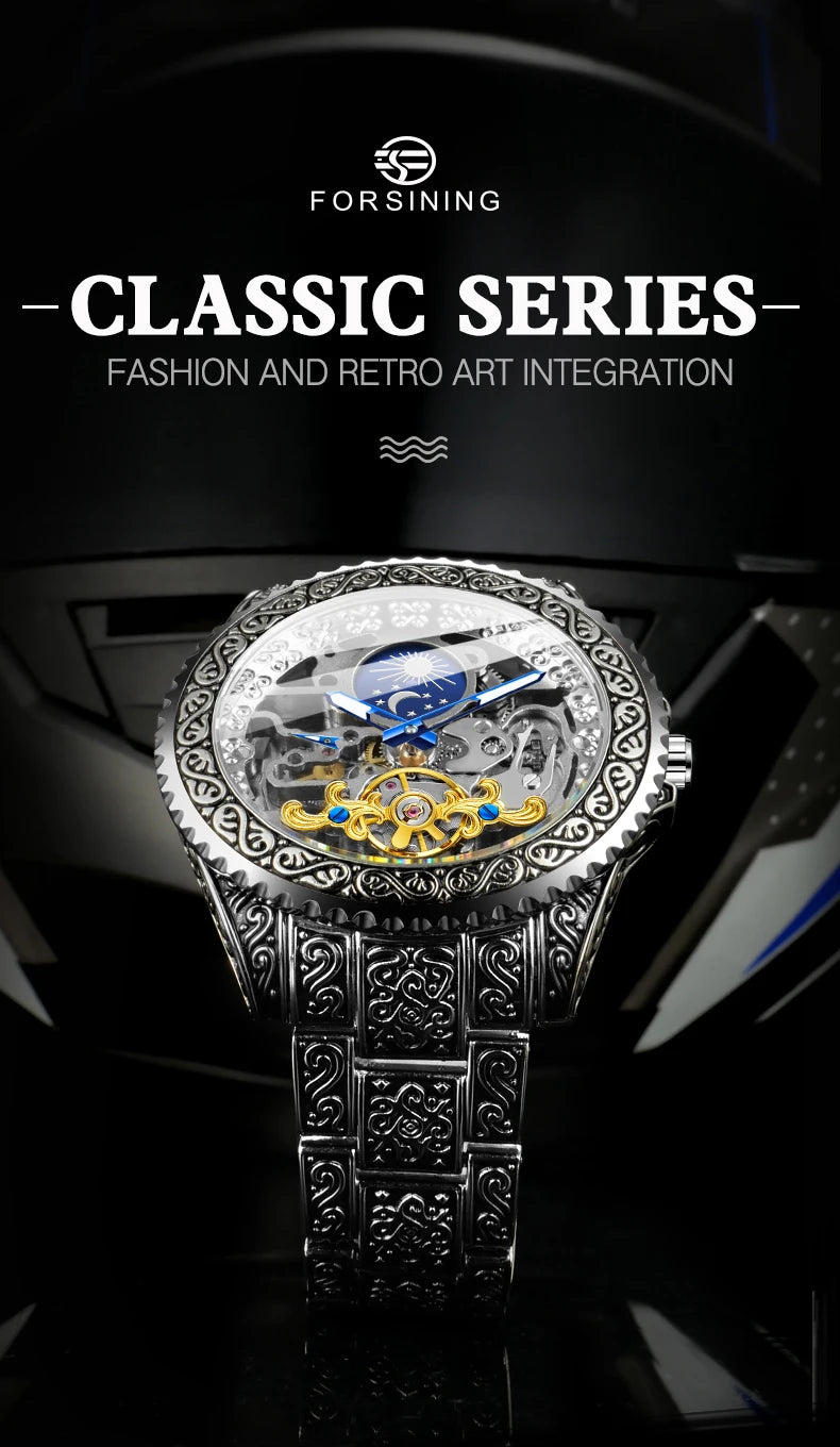 Forsining Luxury Transparent Skeleton Automatic Mechanical Wristwatch Stainless Steel Moonphase Watch Mens Clock reloj hombre