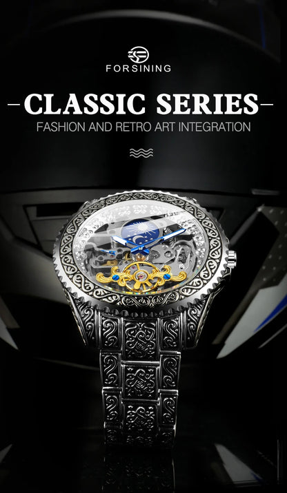 Forsining Luxury Transparent Skeleton Automatic Mechanical Wristwatch Stainless Steel Moonphase Watch Mens Clock reloj hombre