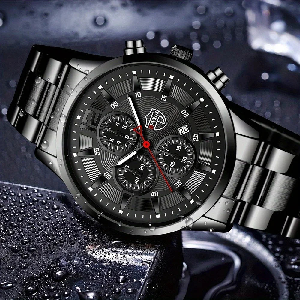 4-Piece Classic Black Men's Quartz Watch Set. Suitable for everyday wear.