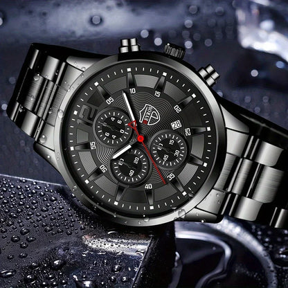 4-Piece Classic Black Men's Quartz Watch Set. Suitable for everyday wear.