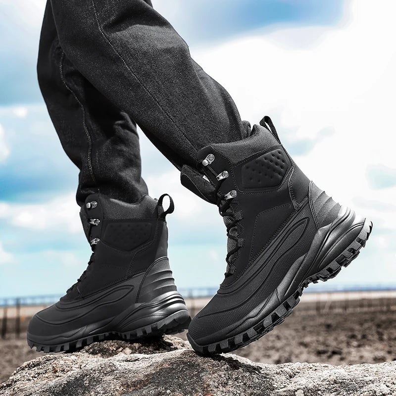Men's Winter High-Top Snow Boots with Fleece Lining Thickened Waterproof Non-Slip Warm and Cold-Resistant Cotton Hiking Shoes