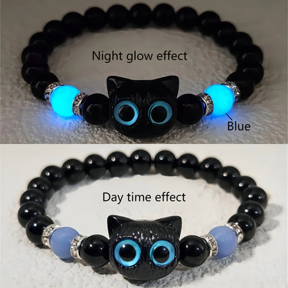 Matching bracelets for couples, women, men, luminous, cute cat friendship bracelet, black and white cat head bracelets, glow in the dark gift.
