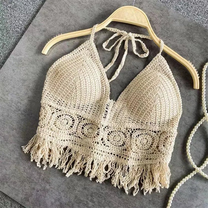 Women Beach Crop Tops Hollow Cover-Ups Perspective Tassel Sexy Spaghetti Strap Tank Tops Built In Bra Backlless Halter Neck