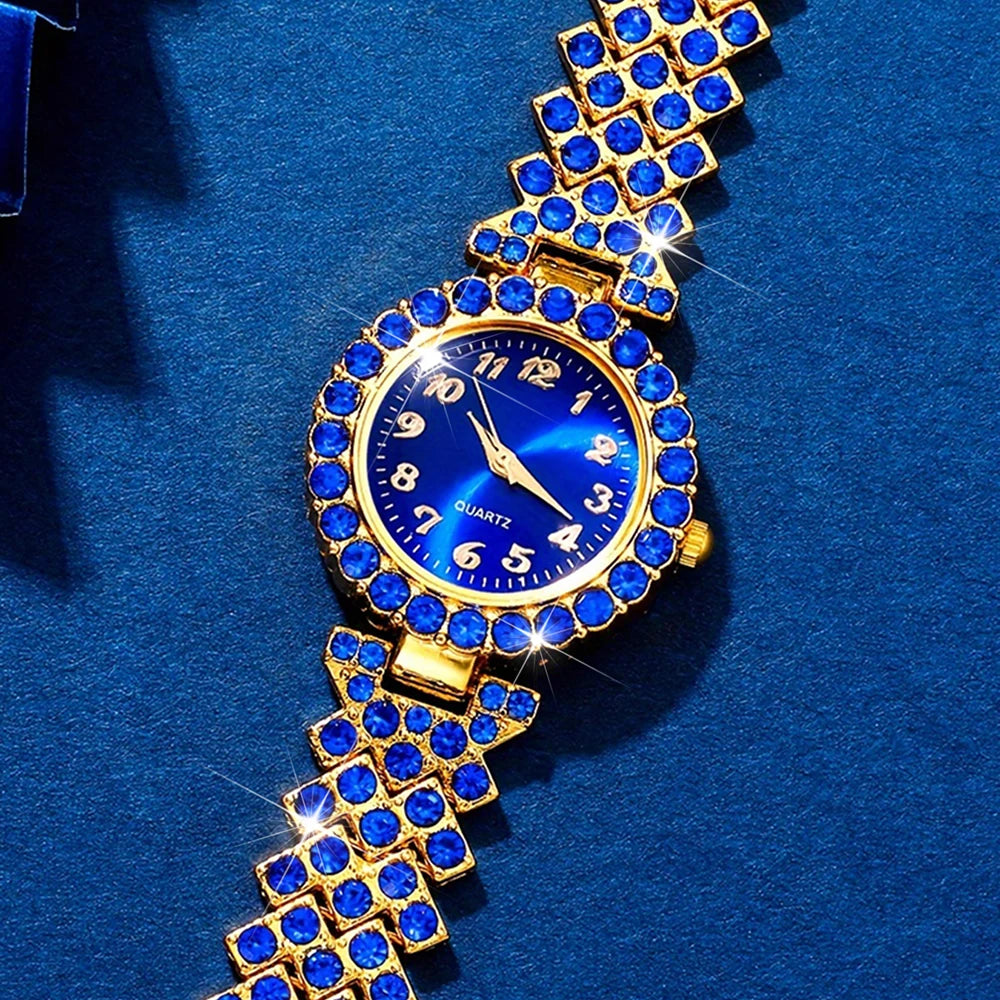 6pcs/set Women's Luxury Rhinestone Quartz Watch Elegant Fashion Analog Wrist Watch & Synthetic Gem Jewelry Set, Gift For Mom Her