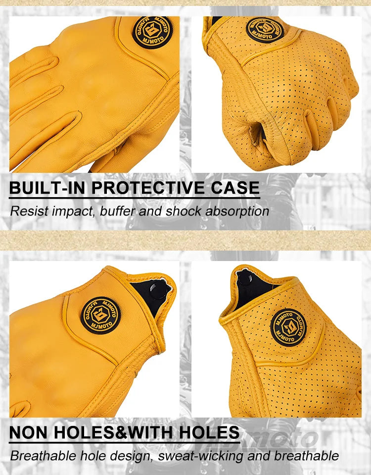 Classic Retro Leather Motorcycle Gloves Summer Wear-Resistant Anti-Slip Men Women Mountain Bike Moto Biker Bicycle Accessories