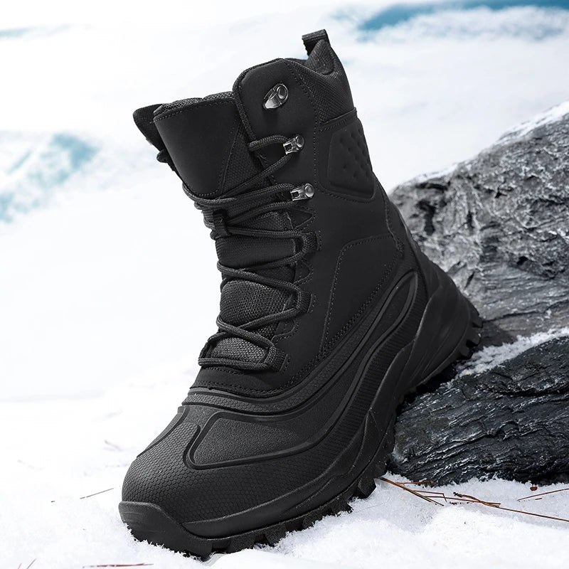 Men's Winter High-Top Snow Boots with Fleece Lining Thickened Waterproof Non-Slip Warm and Cold-Resistant Cotton Hiking Shoes