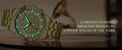 OLEVS Lxuxry Brand Gold Men's Watches Full Skeleton Stainless steel Chronograph Wristwatch Waterproof Luminous Quartz Watch Men