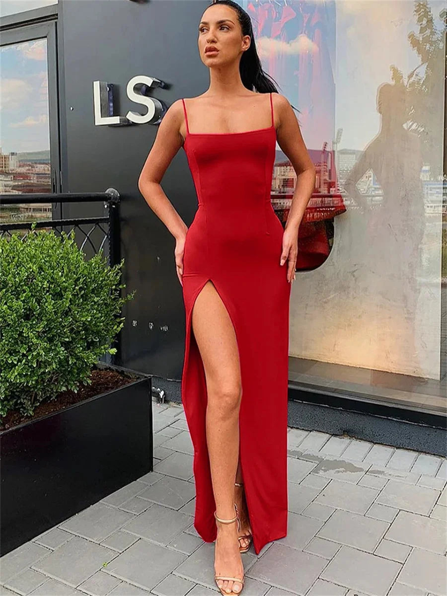 Women Summer Sexy Bodycon Dress Lady Sexy Spaghetti Strap Sleeve Split Solid Color Sheath Dress Vestidos 