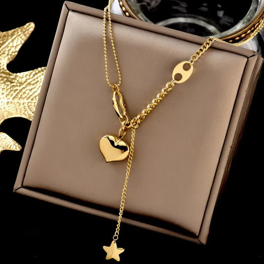 New 316L Titanium Stainless Steel Gold Color Choker Necklace Fashion Luxury Letter Love Heart Pendant Women's Party