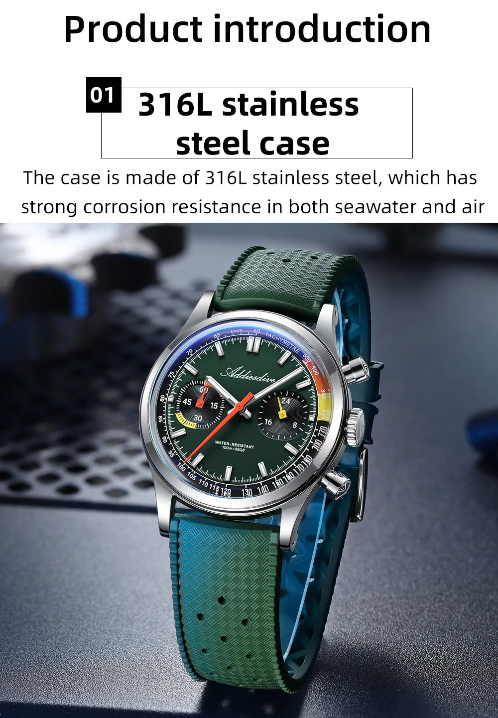 ADDIESDIVE New Men Watch 38mm VK64 Chronograph Fluororubber Luxury Domed Glass BGW9 Luminous 100m Waterproof Quartz Wristwatch