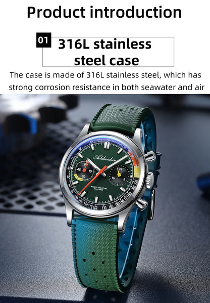 ADDIESDIVE New Men Watch 38mm VK64 Chronograph Fluororubber Luxury Domed Glass BGW9 Luminous 100m Waterproof Quartz Wristwatch