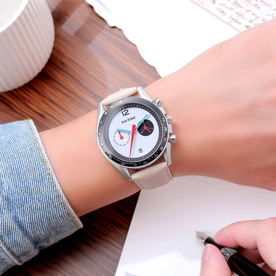 Round Sports Watch for Men Stopwatch Light Luxury Retro Leather Watch Strap Advanced Genuine Quartz Watch Waterproof Men's Watch