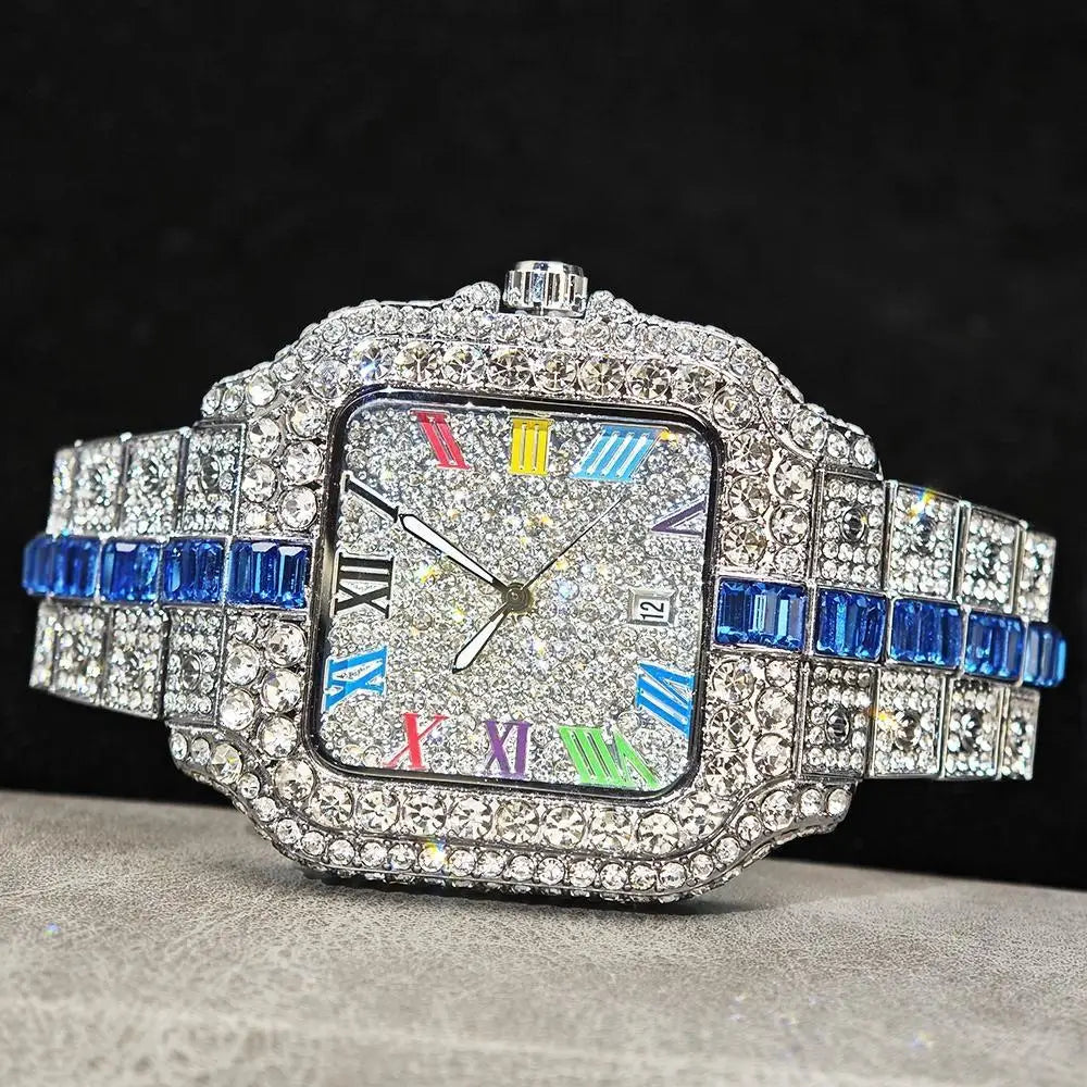 Hot Sale Blue Iced Watch For Man Fashion Colorful Roman Literal Quartz Watch Hip Hop Diamond Jewelry Square Wrist Watch Men Gift