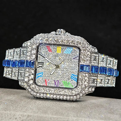 Hot Sale Blue Iced Watch For Man Fashion Colorful Roman Literal Quartz Watch Hip Hop Diamond Jewelry Square Wrist Watch Men Gift
