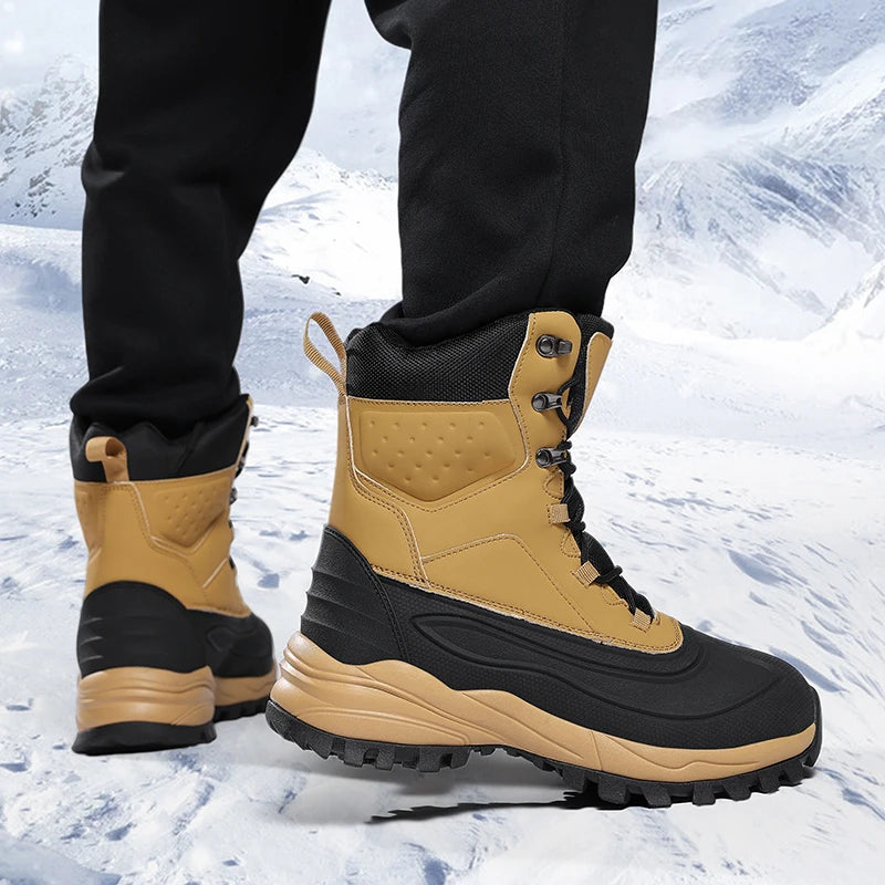 Men's Winter High-Top Snow Boots with Fleece Lining Thickened Waterproof Non-Slip Warm and Cold-Resistant Cotton Hiking Shoes