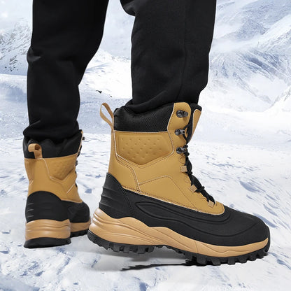 Men's Winter High-Top Snow Boots with Fleece Lining Thickened Waterproof Non-Slip Warm and Cold-Resistant Cotton Hiking Shoes