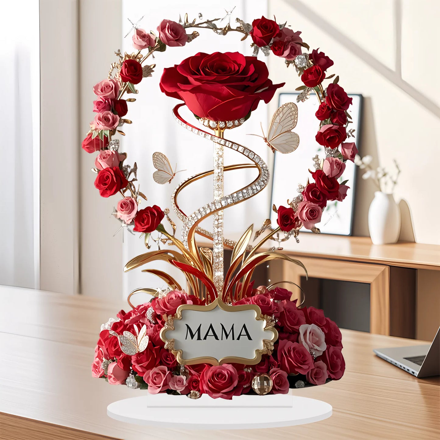 2D acrylic ornament, red rose, mother pattern, flat, elegant table decoration, branch, child, for mother, gifts.