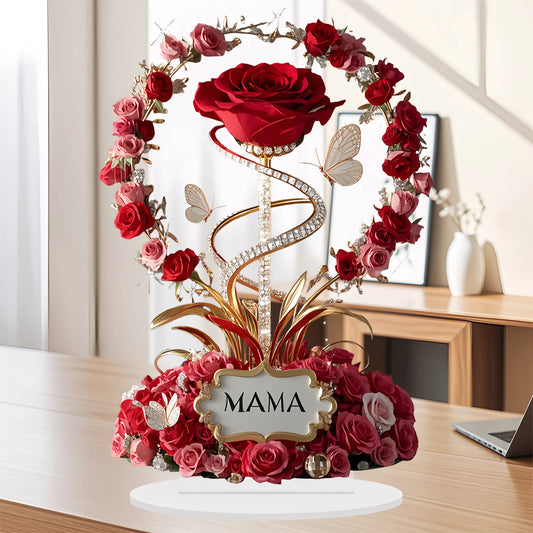 2D acrylic ornament, red rose, mother pattern, flat, elegant table decoration, branch, child, for mother, gifts.