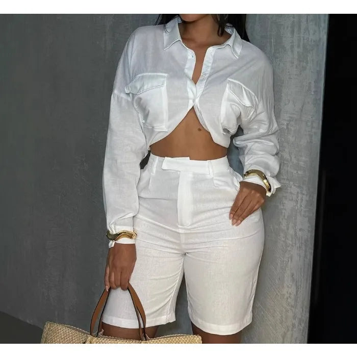 Elegant Two Piece Set Woman Summer 2025 New Solid Loose Long Sleeved Waist Revealing Shirt and High Waisted Half Pants Suit