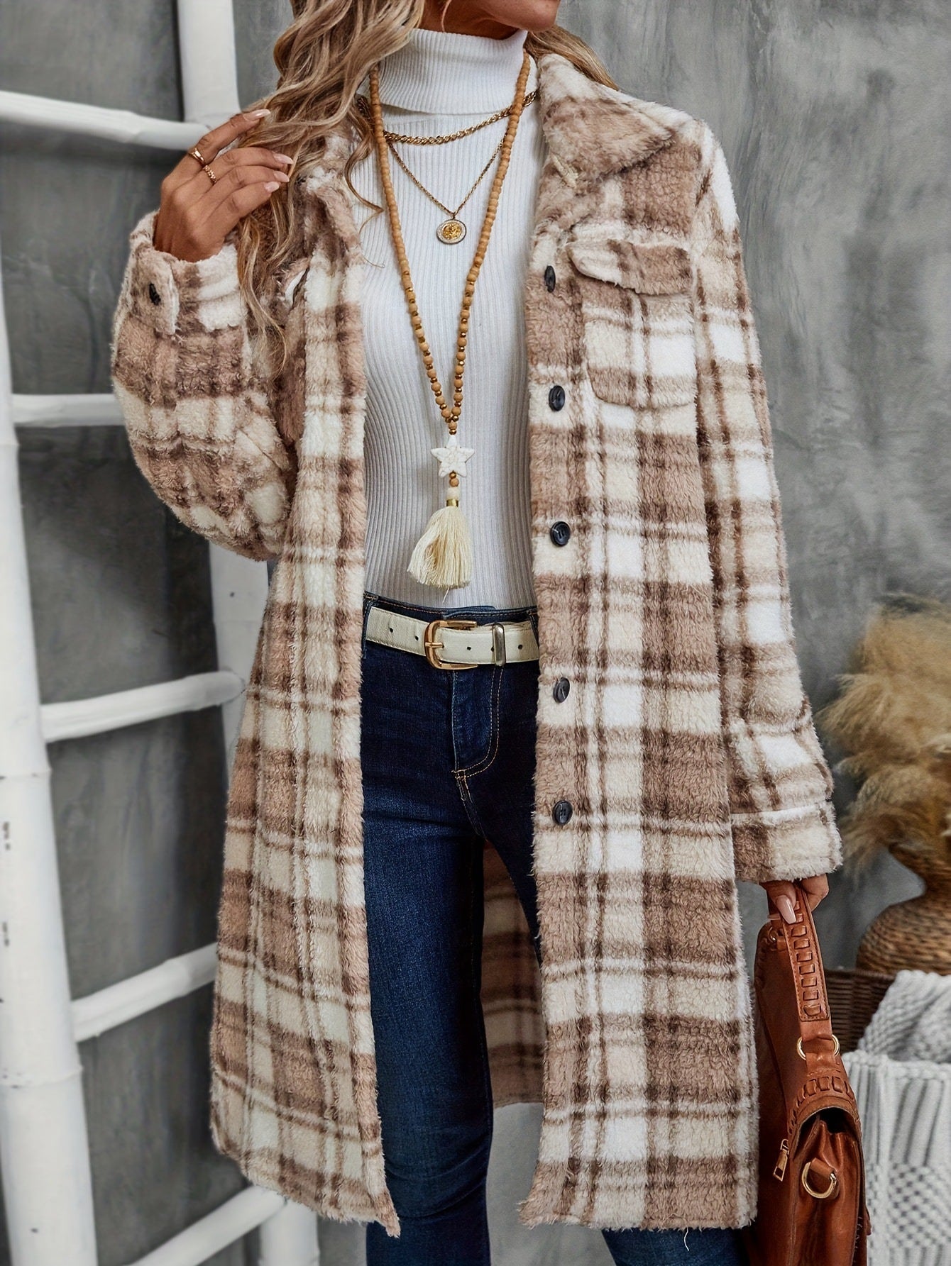 Women's Printed Plaid Long Double-sided Plush Patch Pocket Button Coat
