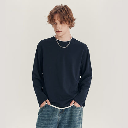 Men's Long-Sleeved Loose Round Neck Contrast Color T-Shirt