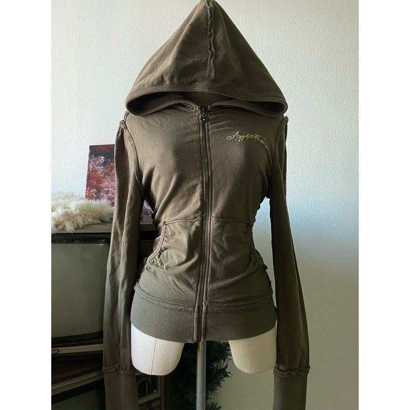 Autumn American Style Vintage Design Olive Green Hooded Printed Sweater