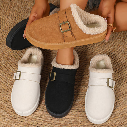 Thick Bottom Belt Buckle Fleece-lined Closed Toe Female Cotton Slippers