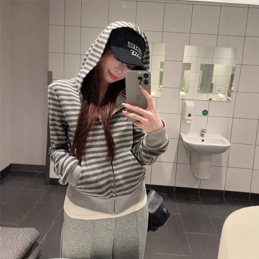 Gray Striped Hooded Sweater Women's Loose Casual