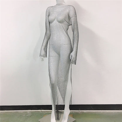 Women's Rhinestone Fishnet Mesh Sexy Slit Fishnet Dress