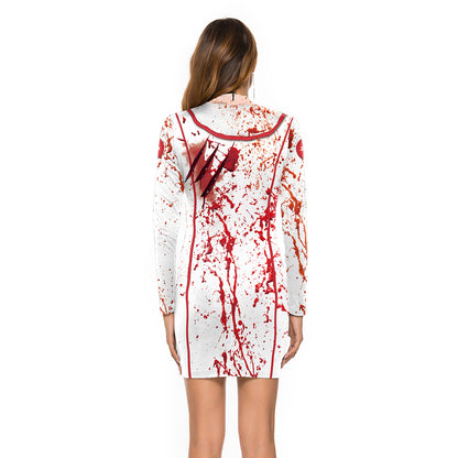 European And American Halloween Nurse Zombie Round Neck Slim Long Sleeve Dress