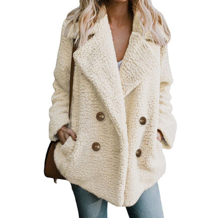 Women's Autumn And Winter Plush Button Lapels Pocket Coat