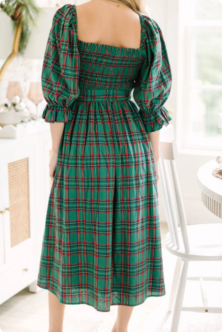 Green Tartan Plaid Square Neck Puff Sleeve Knot Waist Flared Midi Dress