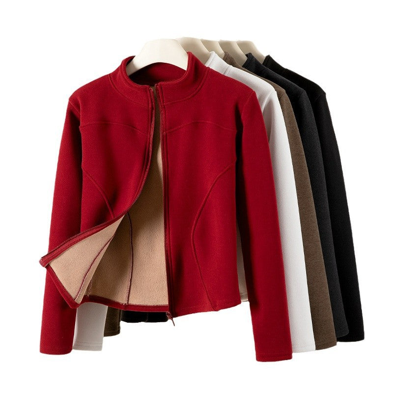 Women's Stand Collar Short Coat Cashmere Hoodie Plus Velvet Thickening