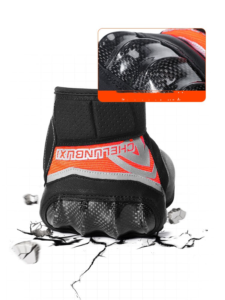 Motorcycle riding gloves made of carbon fiber.