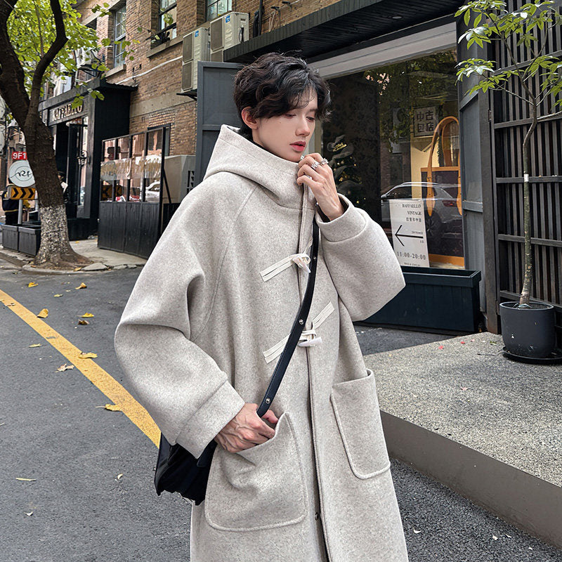 High-grade Woolen Horn Button Hooded Coat Medium length