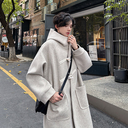 High-grade Woolen Horn Button Hooded Coat Medium length