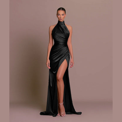 Elegant Stand-up Collar Long Dress Halter Neck Sleeveless Slit Slim Dress