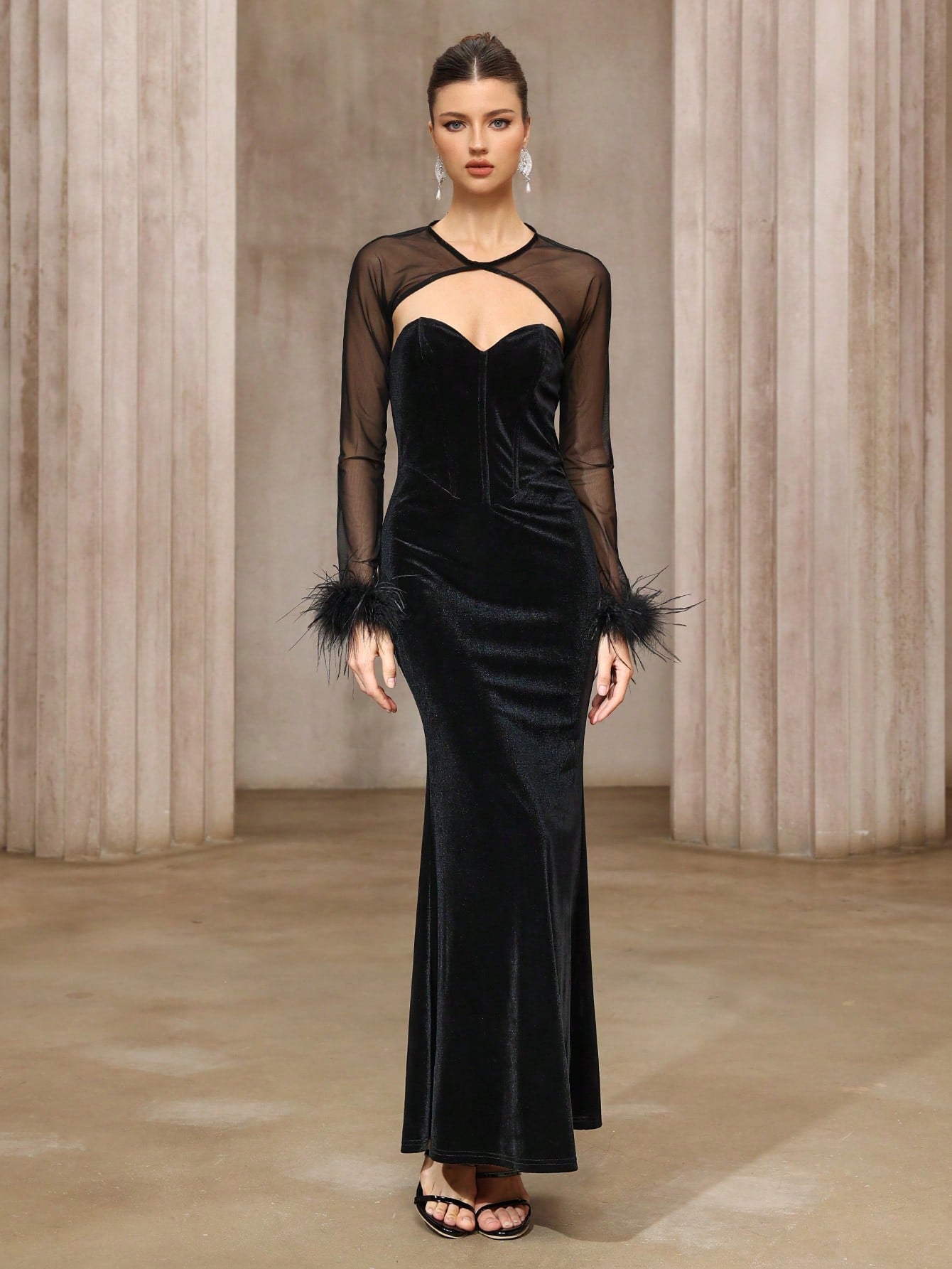 Semi-transparent Mesh Velvet Tube Top Dress Two-Piece Set