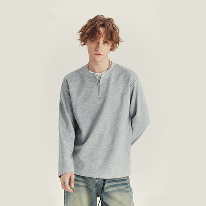 Half Long-sleeve Zipper Men's T-Shirt Autumn High-grade Contrast Color Loose Crew Neck Top