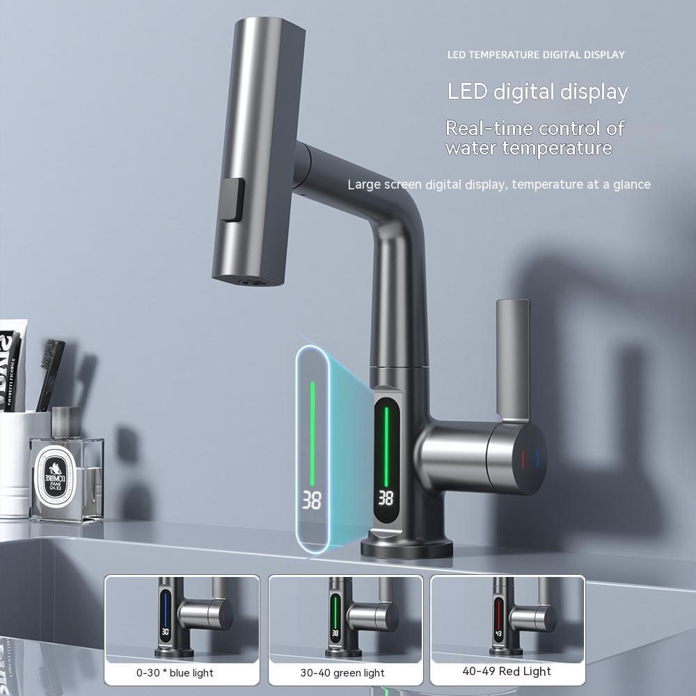 Smart digital display faucet, pull-out basin faucet, temperature digital display, rotation.