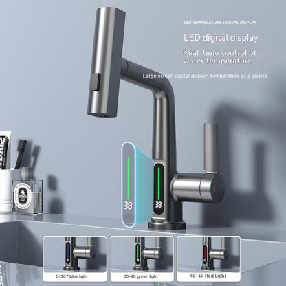 Smart digital display faucet, pull-out basin faucet, temperature digital display, rotation.