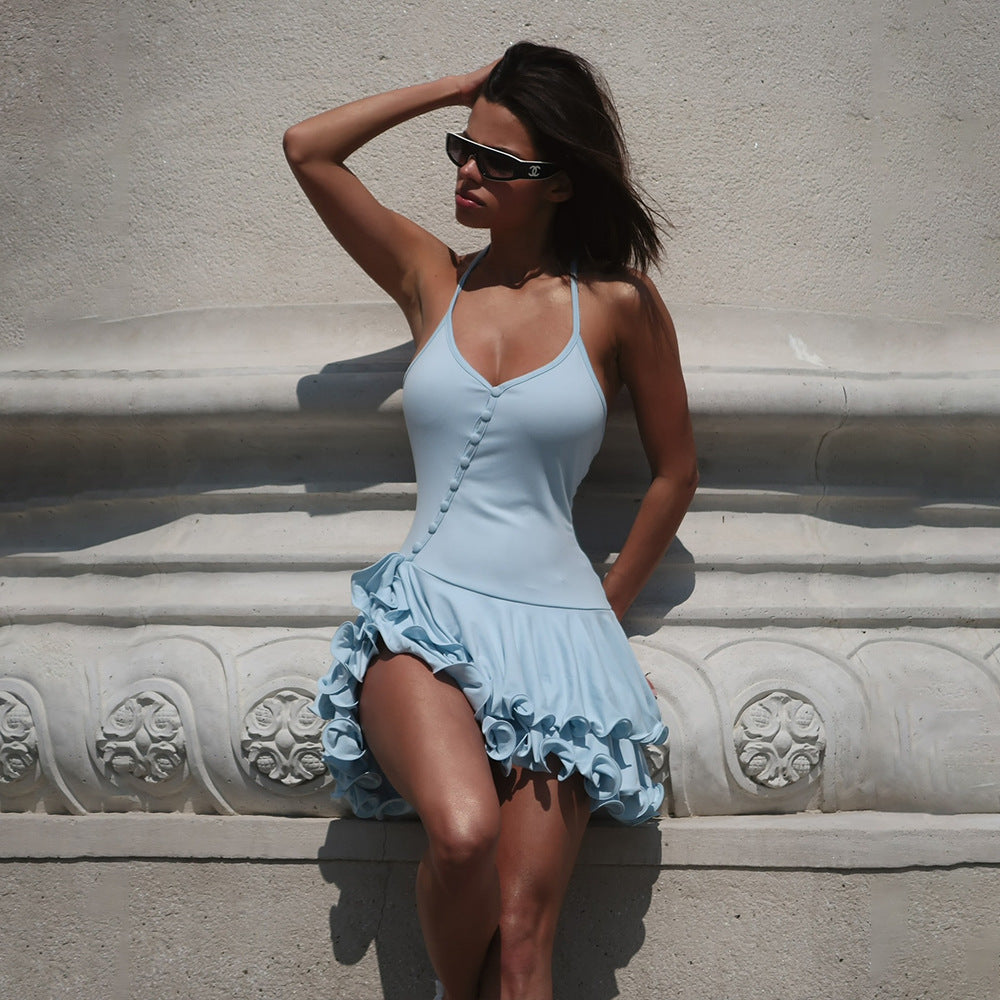 Summer New Halter Ruffled Single-breasted Design Dress