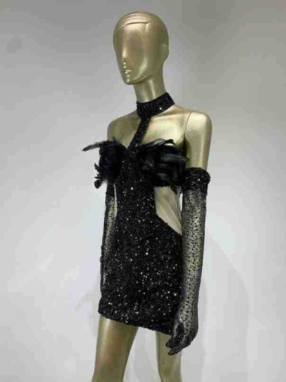 Halter Feather Sequins Short Hip Skirt Dress with Gloves