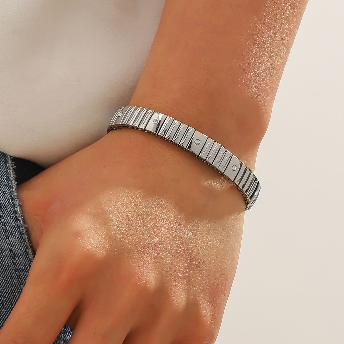 Cold Stainless Steel Diamond Elastic Bracelet for Men