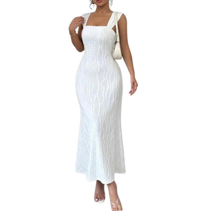 Striped Sexy Square Collar Sling Backless Long Dress
