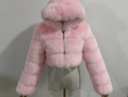 Short Hood Fox Fur Feminino Long Sleeve Stitching Coat