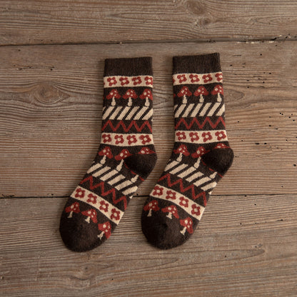 Medium Tube Thickened Brown Mushroom Wool Socks for Women