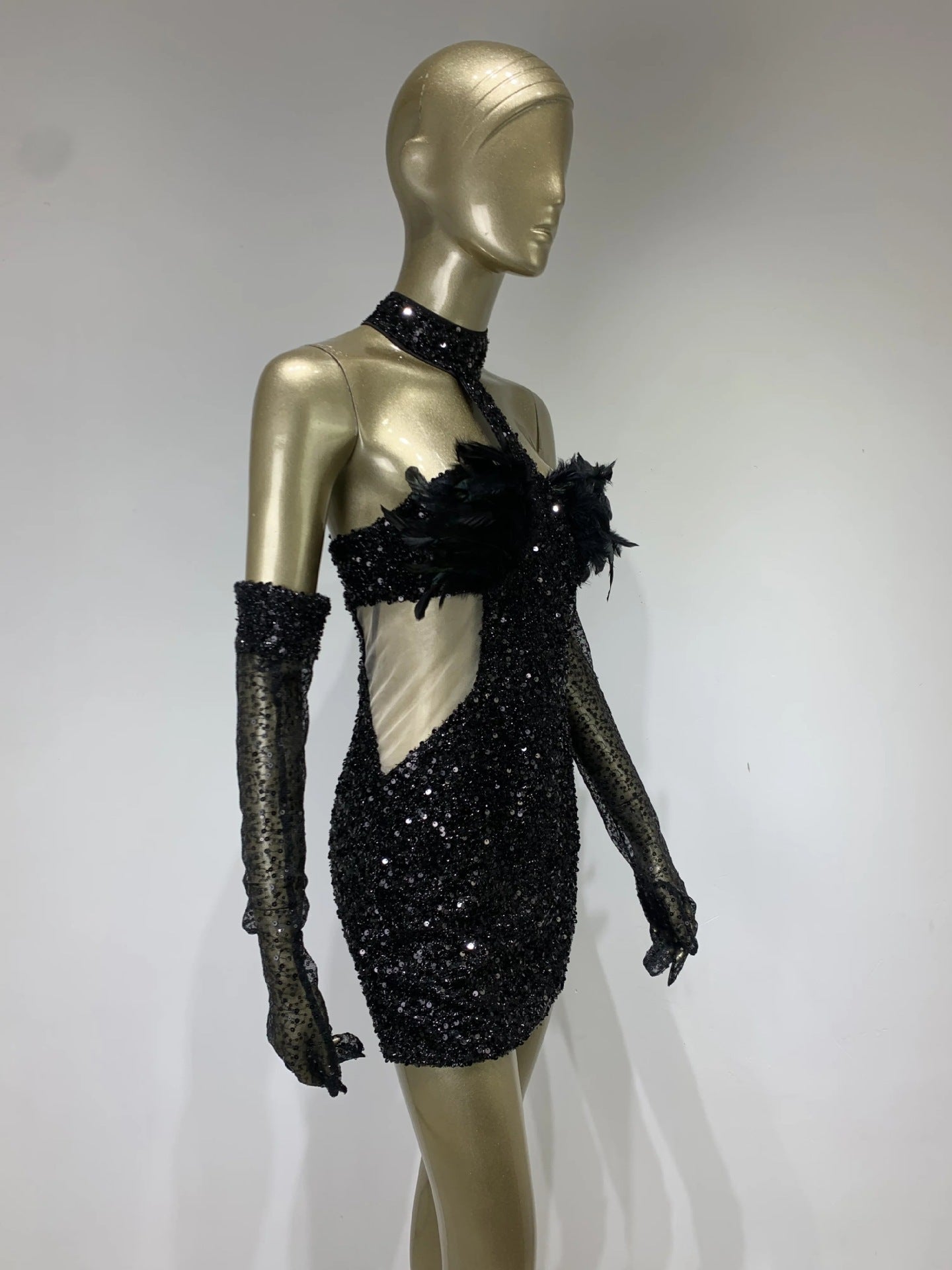 Halter Feather Sequins Short Hip Skirt Dress with Gloves