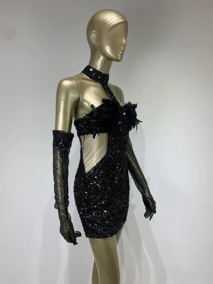 Halter Feather Sequins Short Hip Skirt Dress with Gloves