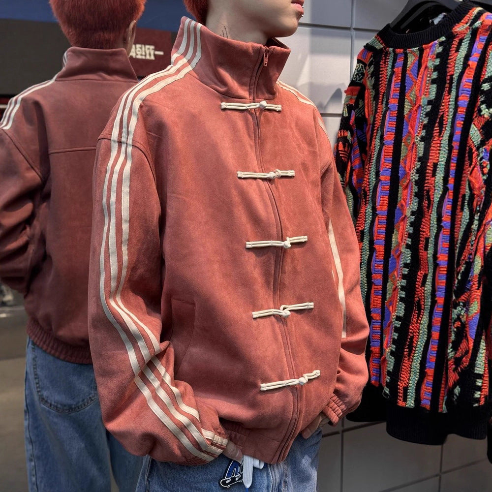 Suede Stand Collar Buckle Jacket For Men